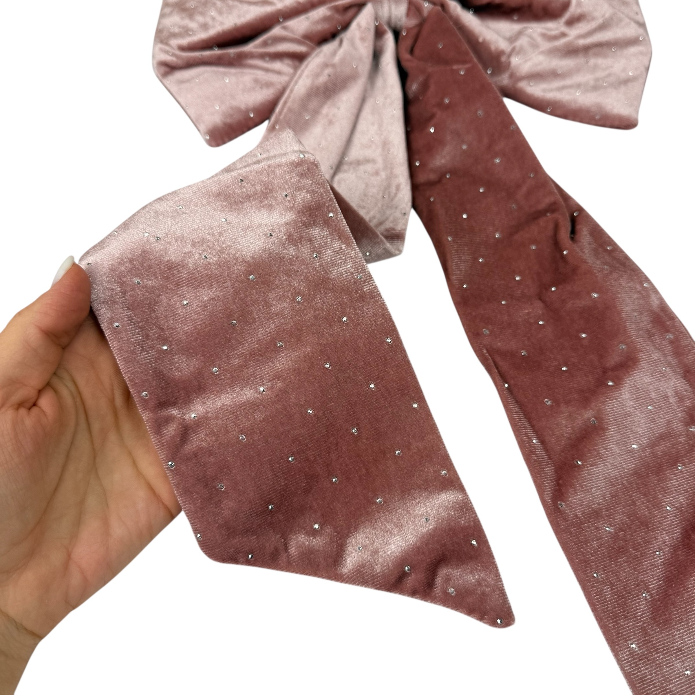 Velvet Christmas bow with rhinestones, 30×60 cm, pink photo 2