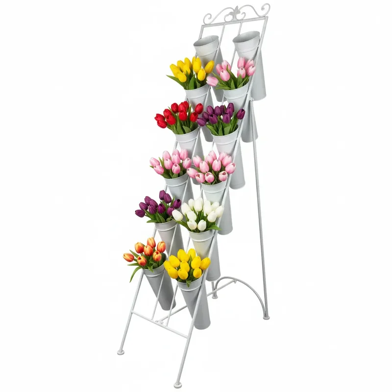 Vitrină florală metalică cu găleți ALB 168×100×41 cm, diametru găleată 22 cm