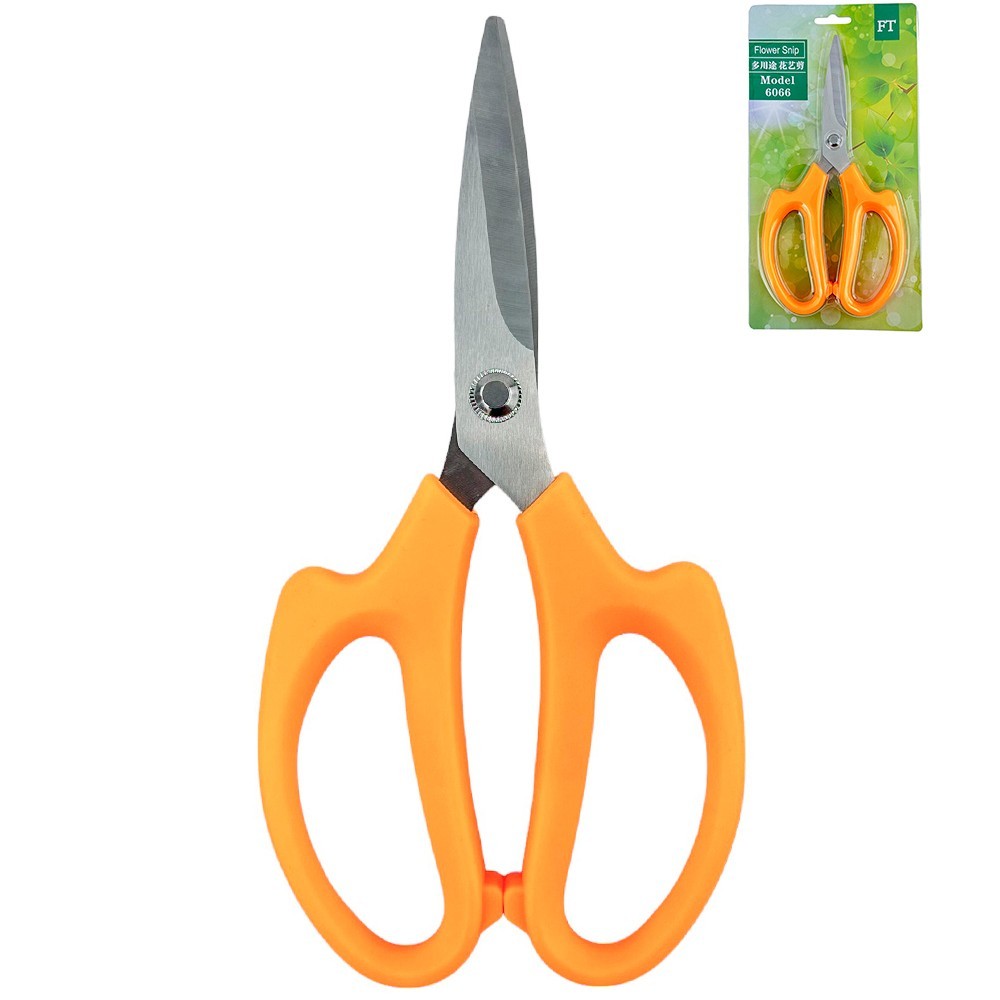 Orange floral scissors, iron + plastic, 21,5/10,5