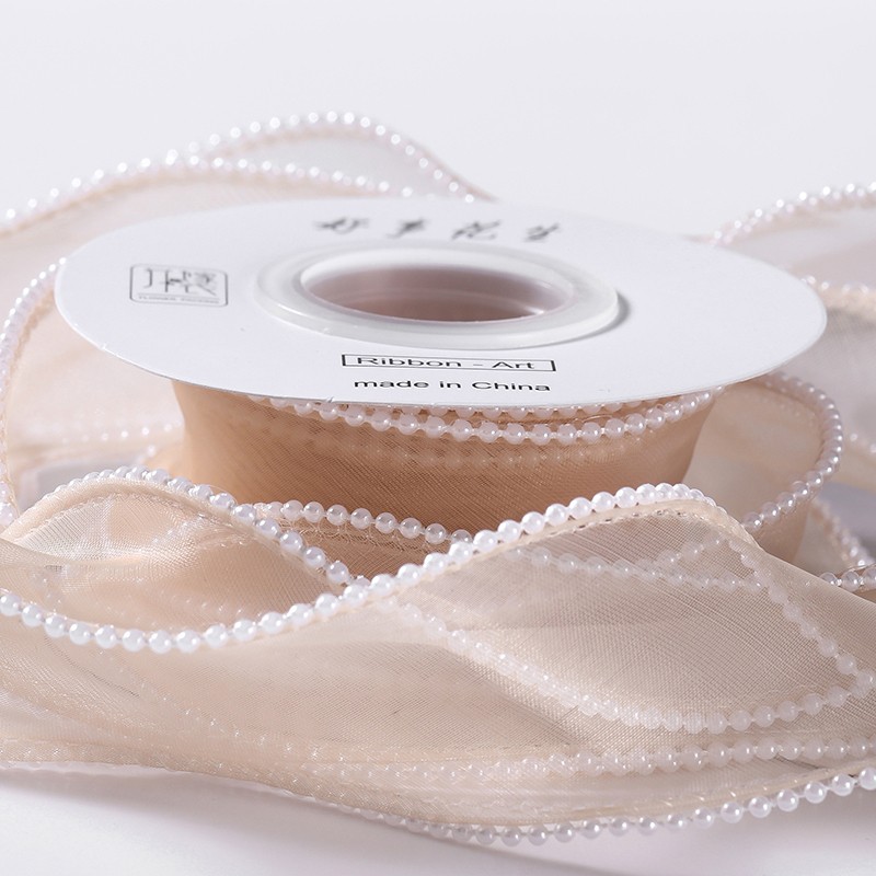 Pearl organza ribbon, beige, 4cm / 4.57m #155
